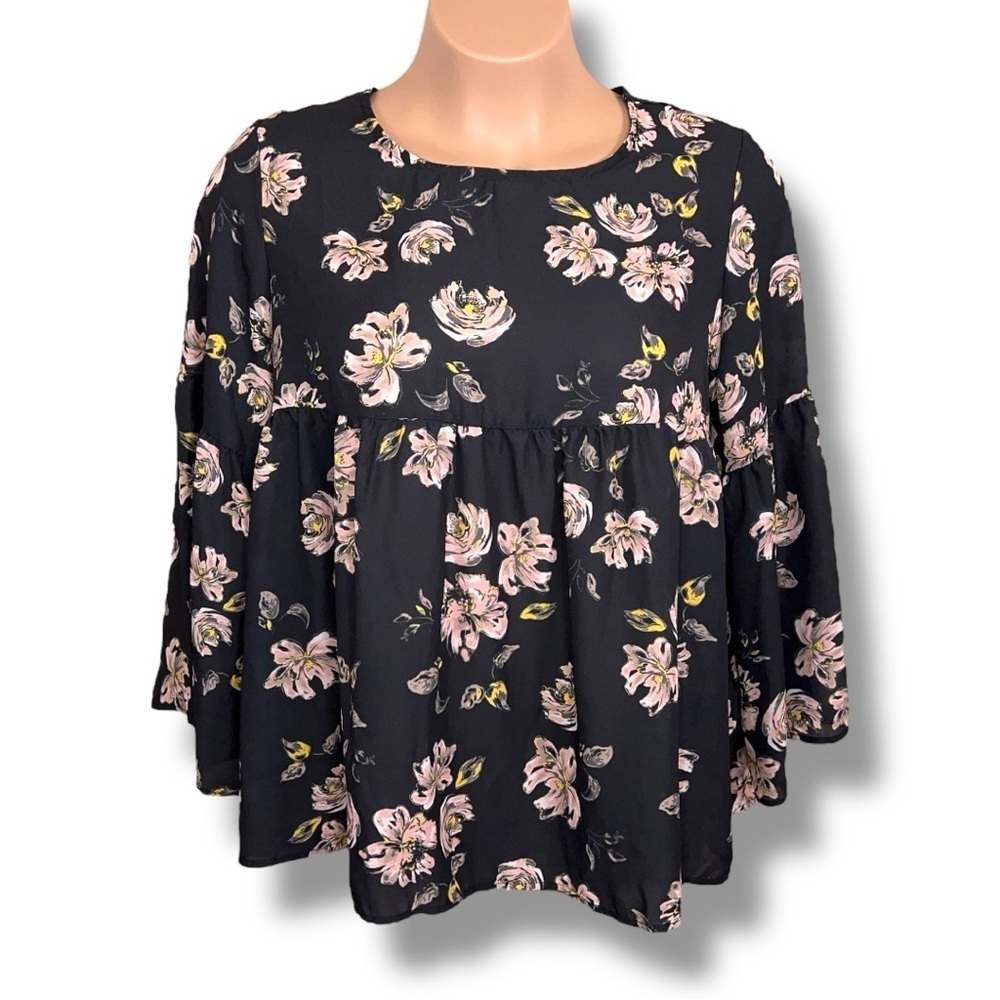 NEW 1X Grayson Threads Black Pink Floral Blouse 3/4 Sleeve Ruffle Empire Waist